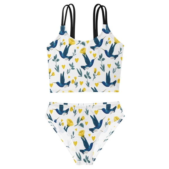 DALAWU Swimsuit 2-Piece Tank Swimming Wear Quick Dry Bathing Suit-Blue Hummingbirds and Yellow Hearts Pattern Printed
