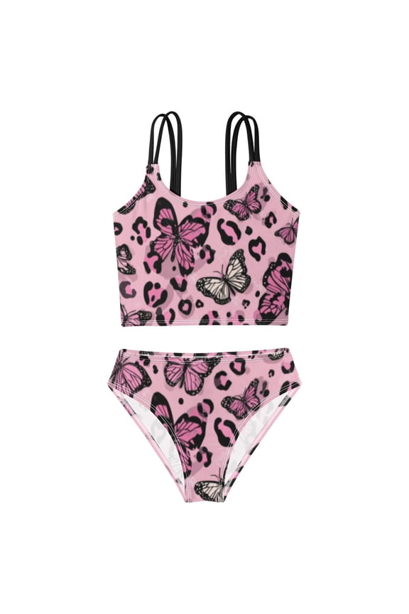 Swimsuit 2-Piece Tank Swimming Wear Quick Dry Bathing Suit-Blush Jungle Butterflies Printed