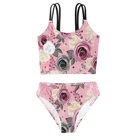 DALAWU Swimsuit 2-Piece Tank Swimming Wear Quick Dry Bathing Suit-Blush & Noir Roses Printed