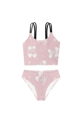 Swimsuit 2-Piece Tank Swimming Wear Quick Dry Bathing Suit-Blush Pink Bow Printed