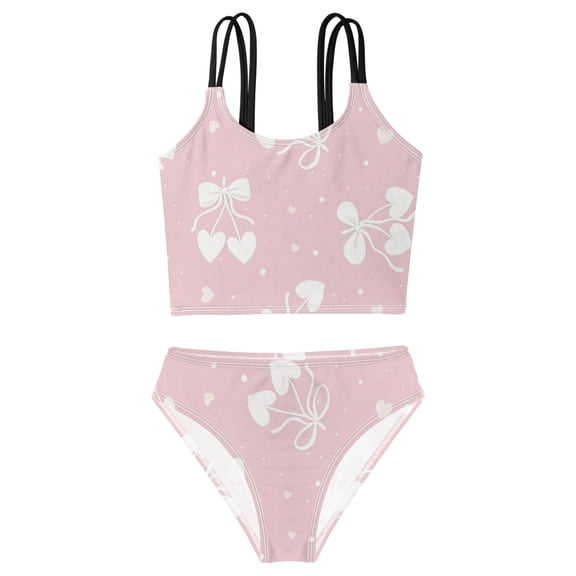DALAWU Swimsuit 2-Piece Tank Swimming Wear Quick Dry Bathing Suit-Blush Pink Bow Printed