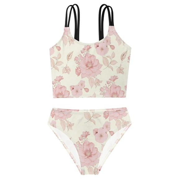DALAWU Swimsuit 2-Piece Tank Swimming Wear Quick Dry Bathing Suit-Blush Rose Floral Printed