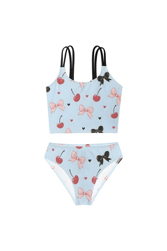 Swimsuit 2-Piece Tank Swimming Wear Quick Dry Bathing Suit-Bow Cherry Pattern Printed