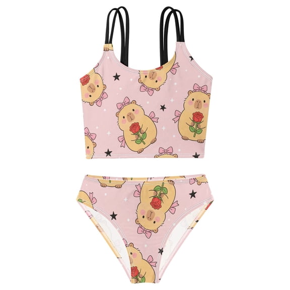 DALAWU Swimsuit 2-Piece Tank Swimming Wear Quick Dry Bathing Suit-Capybara Rose Bow Star Pattern Printed
