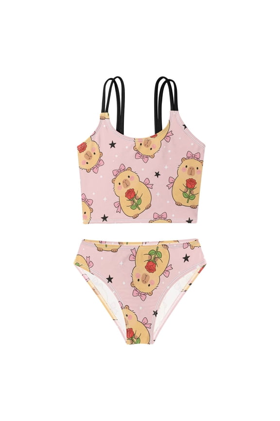 Swimsuit 2-Piece Tank Swimming Wear Quick Dry Bathing Suit-Capybara Rose Bow Star Pattern Printed