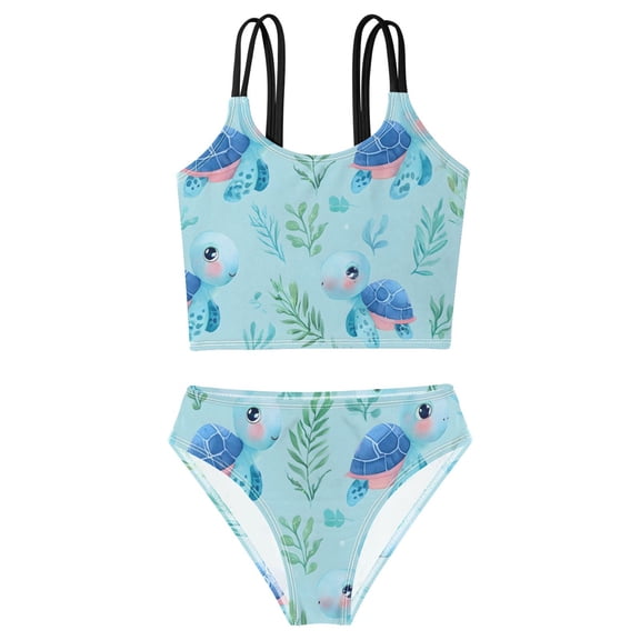DALAWU Swimsuit 2-Piece Tank Swimming Wear Quick Dry Bathing Suit-Cartoon Blue Turtle Printed