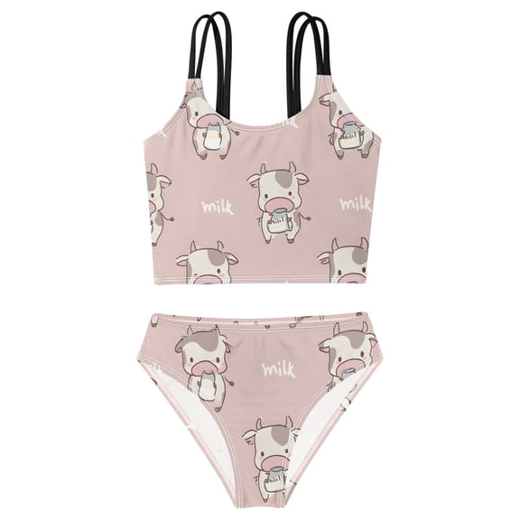 DALAWU Swimsuit 2-Piece Tank Swimming Wear Quick Dry Bathing Suit-Cartoon Cow Pattern Printed