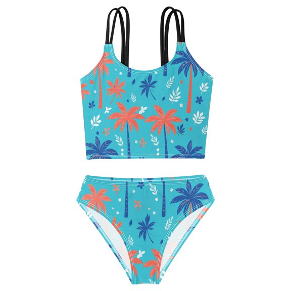 DALAWU Swimsuit 2-Piece Tank Swimming Wear Quick Dry Bathing Suit-Cartoon Palm Tree Printed