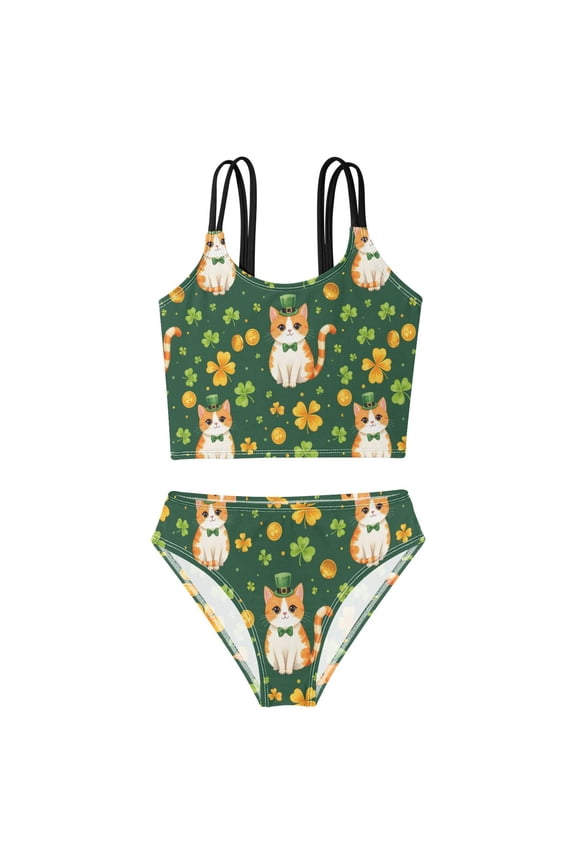 Swimsuit 2-Piece Tank Swimming Wear Quick Dry Bathing Suit-Cat and Clover Pattern Printed