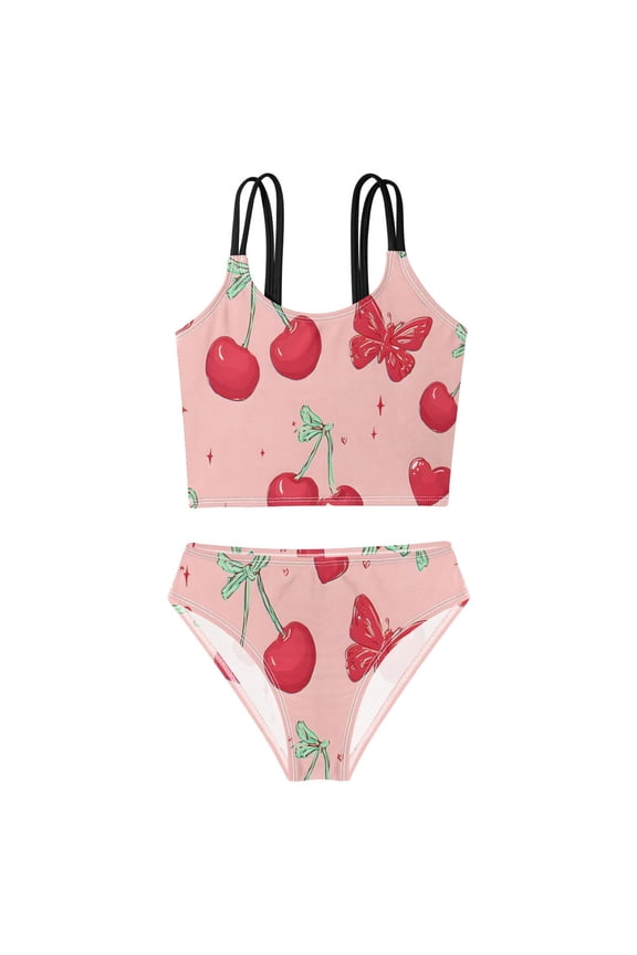 Swimsuit 2-Piece Tank Swimming Wear Quick Dry Bathing Suit-Cherry Bow Pattern Printed