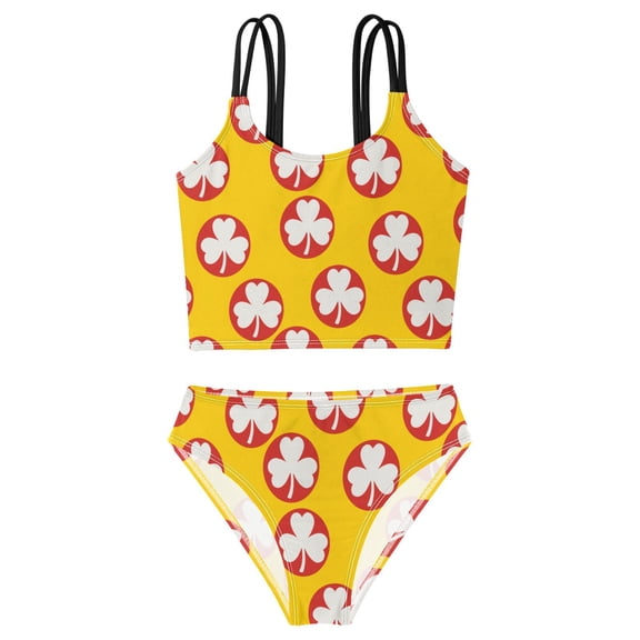 DALAWU Swimsuit 2-Piece Tank Swimming Wear Quick Dry Bathing Suit-Clover in Red Circle Pattern Printed