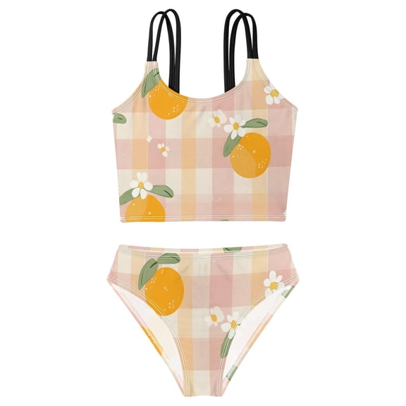 DALAWU Swimsuit 2-Piece Tank Swimming Wear Quick Dry Bathing Suit-Colorful Checkered Orange Pattern Printed