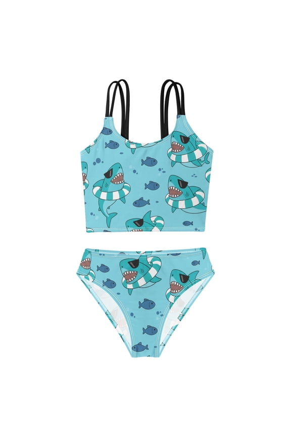 Swimsuit 2-Piece Tank Swimming Wear Quick Dry Bathing Suit-Colorful Fish Sea Ocean Blue Shark Printed