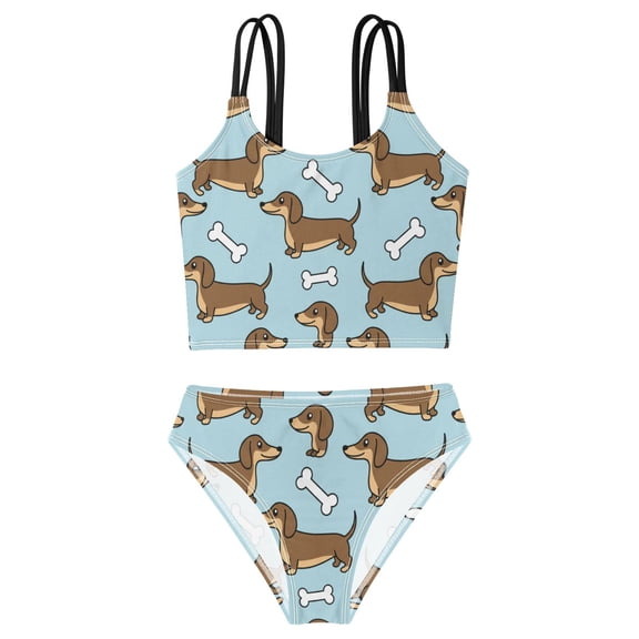 DALAWU Swimsuit 2-Piece Tank Swimming Wear Quick Dry Bathing Suit-Cute Dachshund Dog Blue Printed