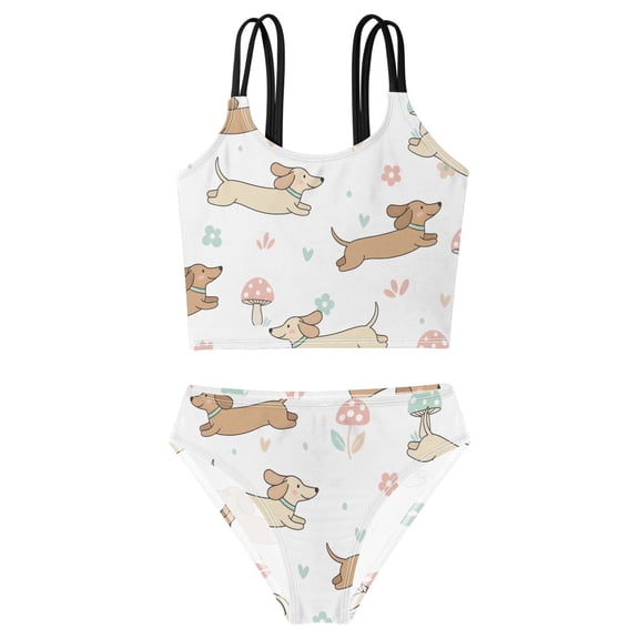 DALAWU Swimsuit 2-Piece Tank Swimming Wear Quick Dry Bathing Suit-Cute Dachshund Flower Pattern Printed