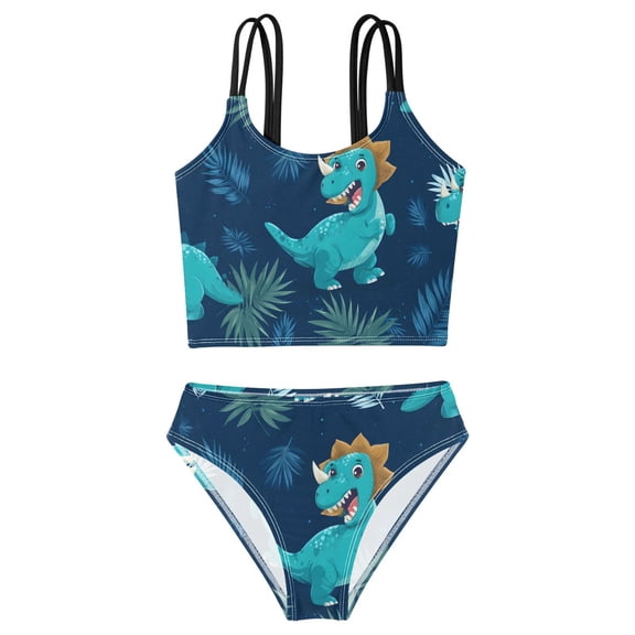DALAWU Swimsuit 2-Piece Tank Swimming Wear Quick Dry Bathing Suit-Cute Green Dinosaur Printed