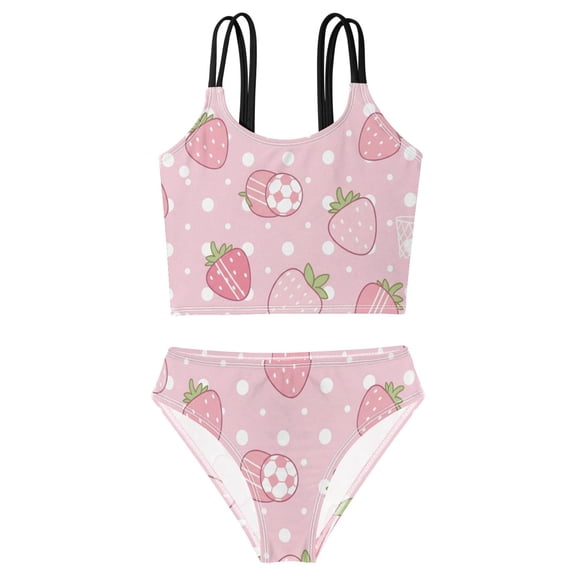 DALAWU Swimsuit 2-Piece Tank Swimming Wear Quick Dry Bathing Suit-Cute Pink Strawberry Fruit Printed