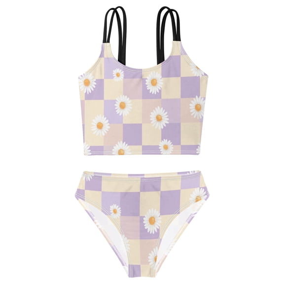 DALAWU Swimsuit 2-Piece Tank Swimming Wear Quick Dry Bathing Suit-Daisies Pastel Printed