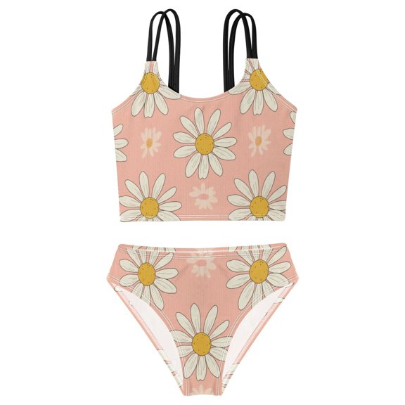 DALAWU Swimsuit 2-Piece Tank Swimming Wear Quick Dry Bathing Suit-Daisy Pattern Printed