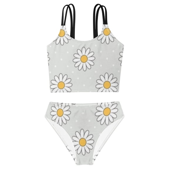 DALAWU Swimsuit 2-Piece Tank Swimming Wear Quick Dry Bathing Suit-Daisy Polka Dots Pattern Printed