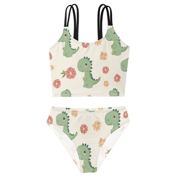 DALAWU Swimsuit 2-Piece Tank Swimming Wear Quick Dry Bathing Suit-Dinosaur Flower Printed