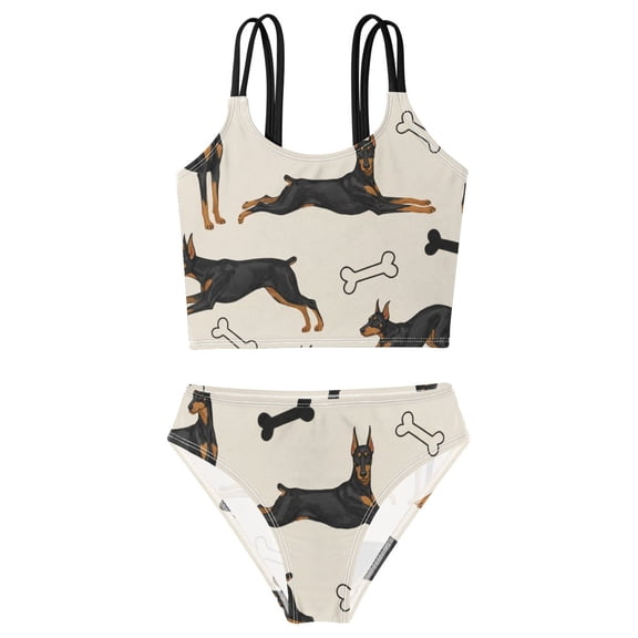 DALAWU Swimsuit 2-Piece Tank Swimming Wear Quick Dry Bathing Suit-Doberman with Bones Printed