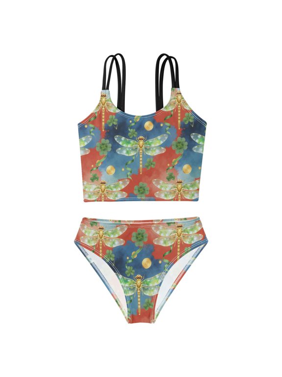 Swimsuit 2-Piece Tank Swimming Wear Quick Dry Bathing Suit-Dragonfly Clover Pattern Printed