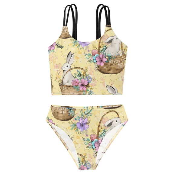 DALAWU Swimsuit 2-Piece Tank Swimming Wear Quick Dry Bathing Suit-Flower Basket Rabbit Printed