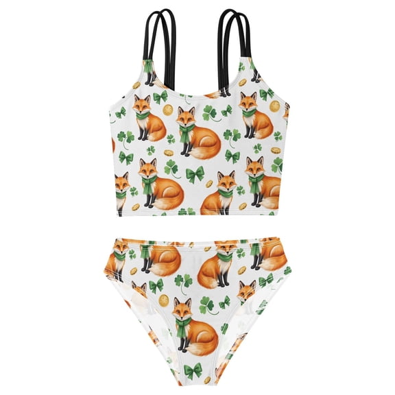 DALAWU Swimsuit 2-Piece Tank Swimming Wear Quick Dry Bathing Suit-Fox and Clover Pattern Printed