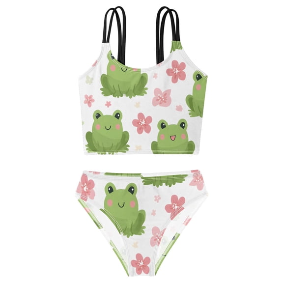 DALAWU Swimsuit 2-Piece Tank Swimming Wear Quick Dry Bathing Suit-Frog Pink Flower Pattern Printed