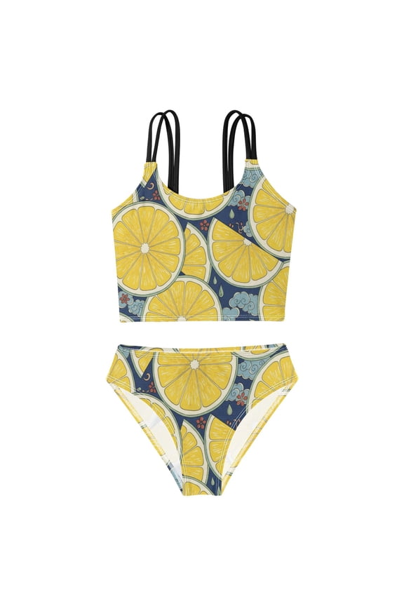 Swimsuit 2-Piece Tank Swimming Wear Quick Dry Bathing Suit-Fruit Yellow Lemon Printed