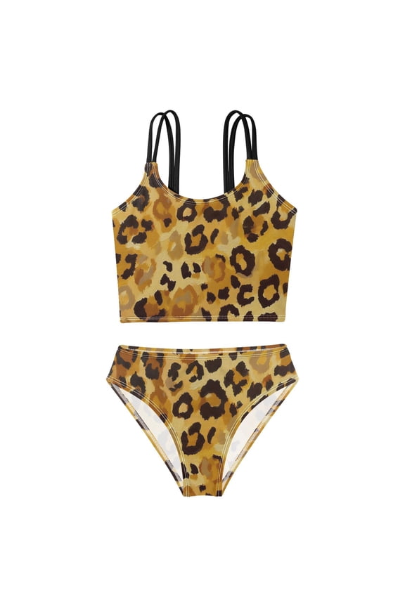 Swimsuit 2-Piece Tank Swimming Wear Quick Dry Bathing Suit-Golden Wild Leopard Printed