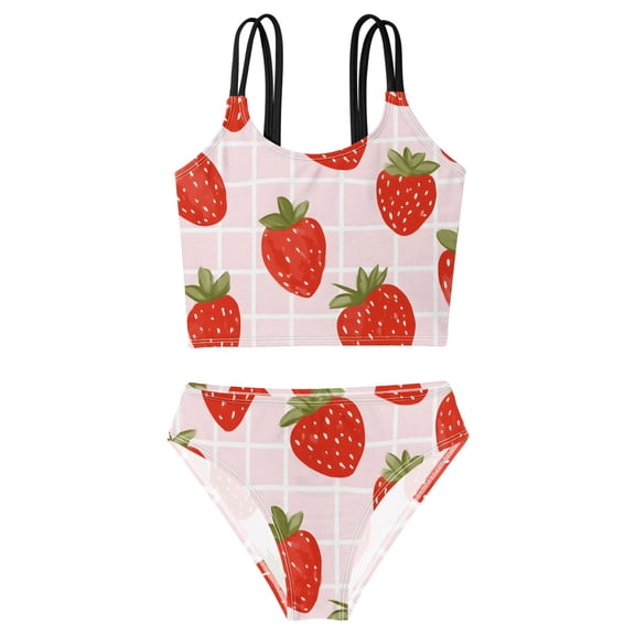 DALAWU Swimsuit 2-Piece Tank Swimming Wear Quick Dry Bathing Suit-Grid Background Strawberry Pattern Printed