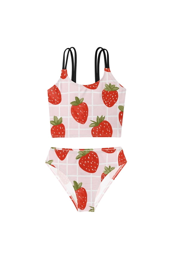 Swimsuit 2-Piece Tank Swimming Wear Quick Dry Bathing Suit-Grid Background Strawberry Pattern Printed