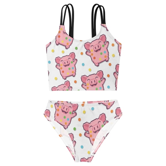 DALAWU Swimsuit 2-Piece Tank Swimming Wear Quick Dry Bathing Suit-Happy Pink Pig Printed