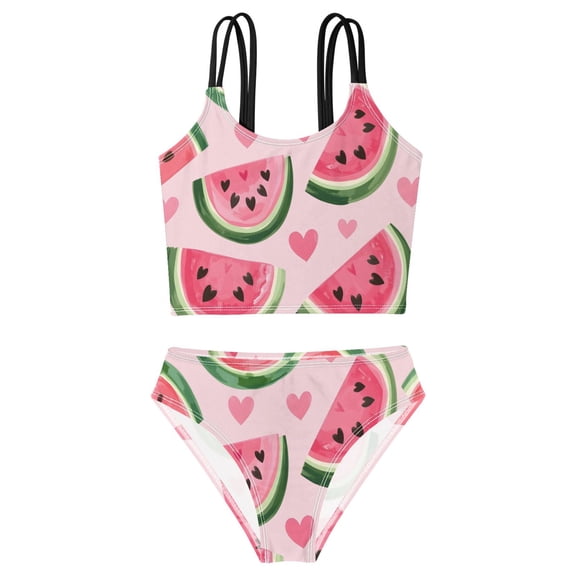 DALAWU Swimsuit 2-Piece Tank Swimming Wear Quick Dry Bathing Suit-Heart Shaped Watermelon Printed