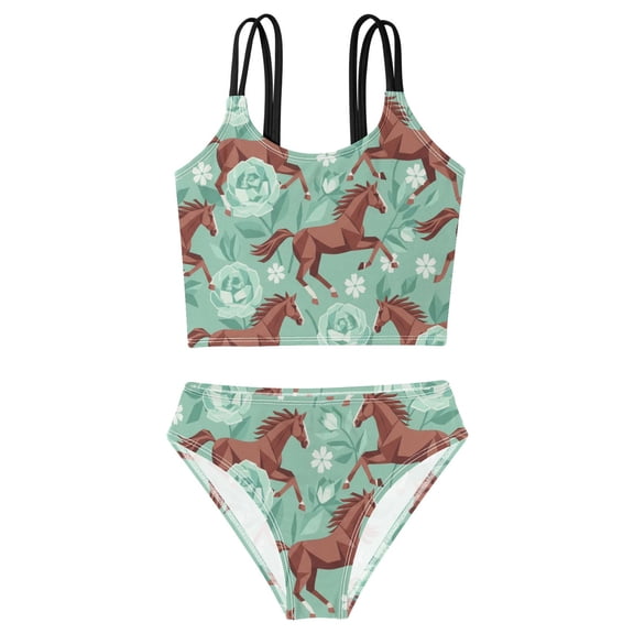 DALAWU Swimsuit 2-Piece Tank Swimming Wear Quick Dry Bathing Suit-Horses and Flowers Printed