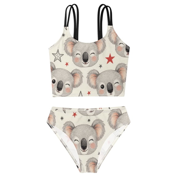 DALAWU Swimsuit 2-Piece Tank Swimming Wear Quick Dry Bathing Suit-Koala Bears Stars White Printed