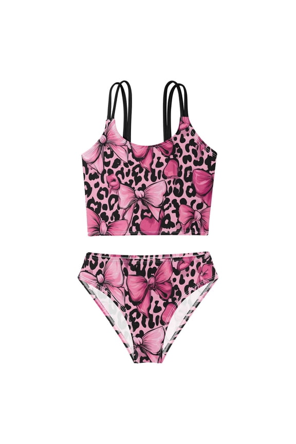 Swimsuit 2-Piece Tank Swimming Wear Quick Dry Bathing Suit-Leopard Background Bow Pattern Printed