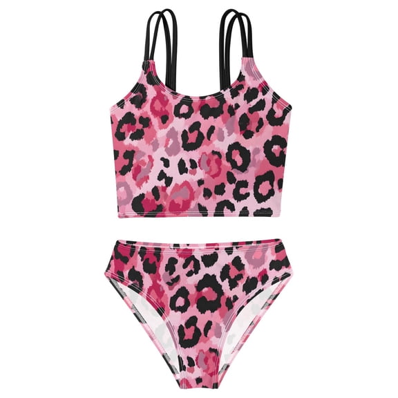 DALAWU Swimsuit 2-Piece Tank Swimming Wear Quick Dry Bathing Suit-Leopard Black Pink Printed