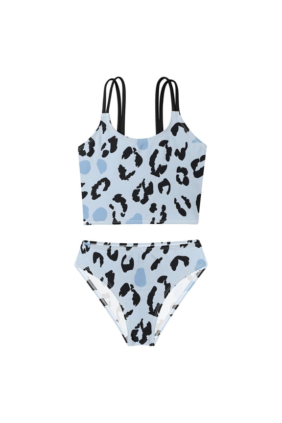 Swimsuit 2-Piece Tank Swimming Wear Quick Dry Bathing Suit-Leopard Print Blue Pattern Printed