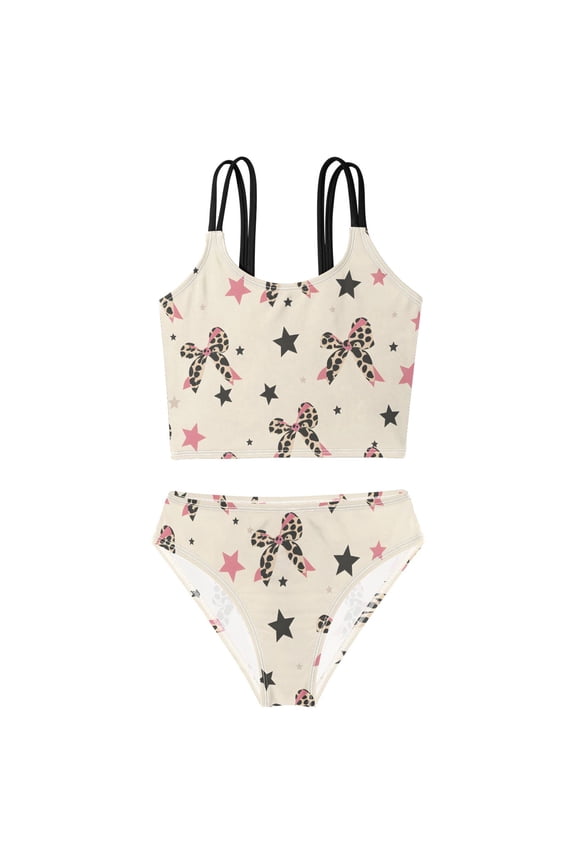 Swimsuit 2-Piece Tank Swimming Wear Quick Dry Bathing Suit-Leopard Print Bow Black Five-pointed Star Pattern Printed