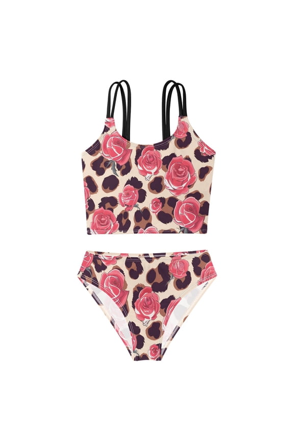Swimsuit 2-Piece Tank Swimming Wear Quick Dry Bathing Suit-Leopard Print Rose Pattern Printed