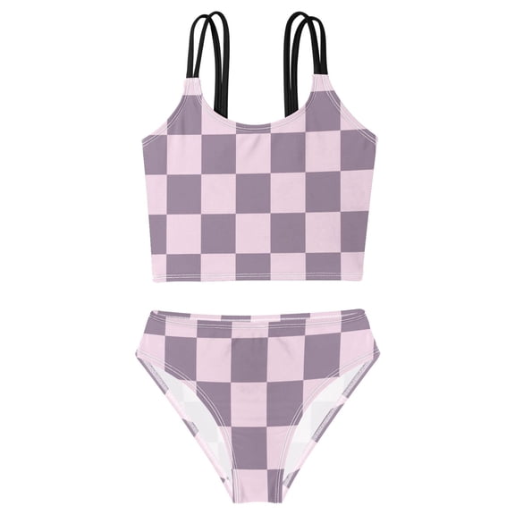 DALAWU Swimsuit 2-Piece Tank Swimming Wear Quick Dry Bathing Suit-Light Deep Purple Grid Pattern Printed