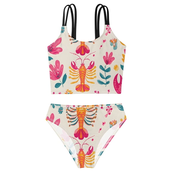 DALAWU Swimsuit 2-Piece Tank Swimming Wear Quick Dry Bathing Suit-Lobster Flower Pattern Printed