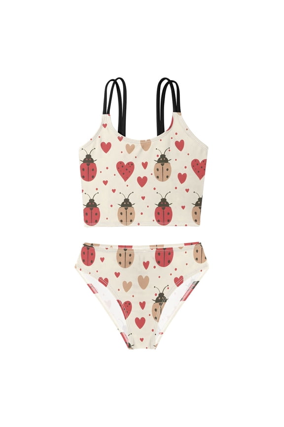 Swimsuit 2-Piece Tank Swimming Wear Quick Dry Bathing Suit-Off-white Red Ladybug Heart Pattern Printed