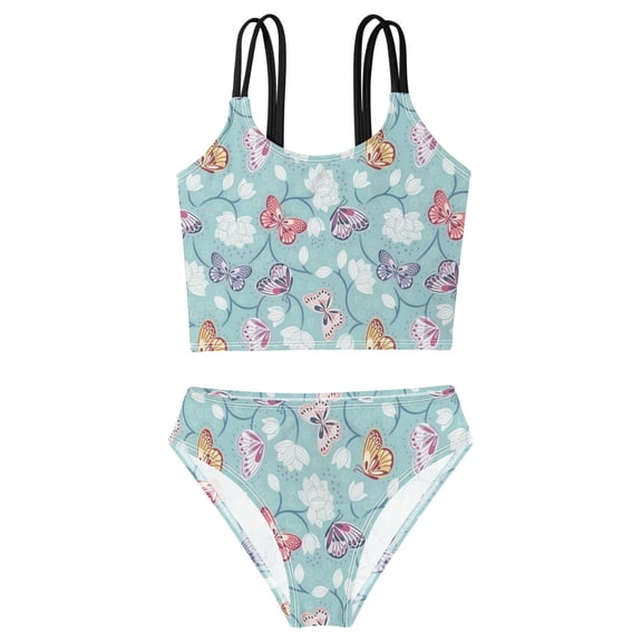 DALAWU Swimsuit 2-Piece Tank Swimming Wear Quick Dry Bathing Suit-Pastel Butterfly Printed