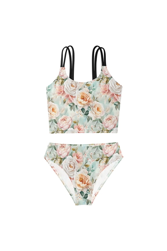 Swimsuit 2-Piece Tank Swimming Wear Quick Dry Bathing Suit-Peony Rose Pattern Printed