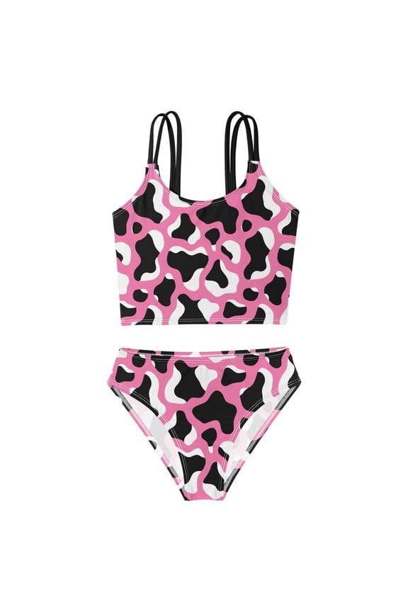 Swimsuit 2-Piece Tank Swimming Wear Quick Dry Bathing Suit-Pink Background Cow Print Pattern Printed