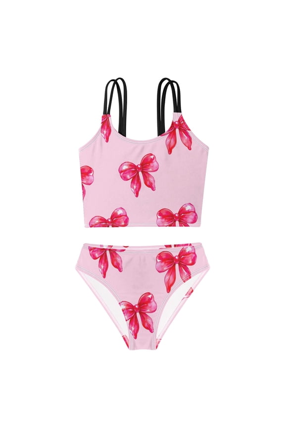 Swimsuit 2-Piece Tank Swimming Wear Quick Dry Bathing Suit-Pink Bow Pattern Printed